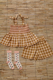 (-50%) Set - Short Pant  Caramel honeycomb check