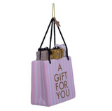 Ornament glass soft pink/ white striped giftbag H8,5cm